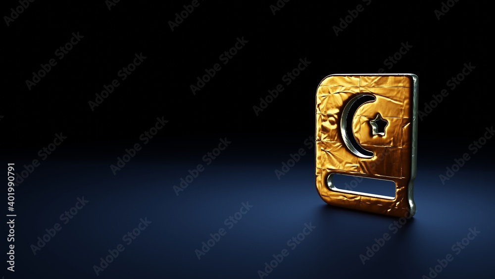 3d rendering symbol of Quran wrapped in gold foil on dark blue background 3d rendering symbol of Quran wrapped in gold foil on dark blue background