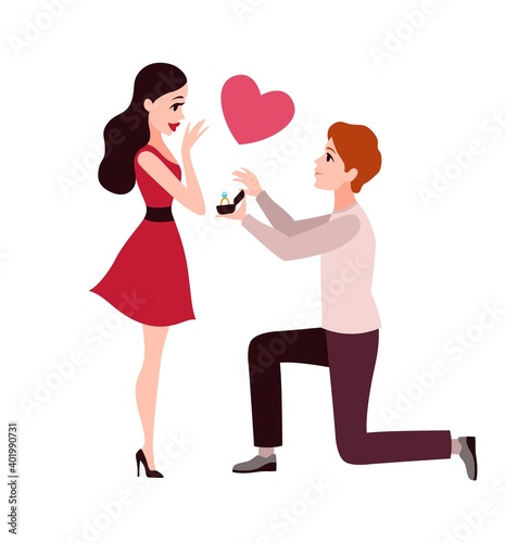 Man proposes woman to marry him. Love engagement, lover stand on knee and asking woman merry him, gives gold ring with diamond, young romantic couple vector cartoon isolated illustration