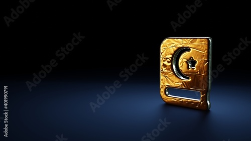 3d rendering symbol of Quran wrapped in gold foil on dark blue background