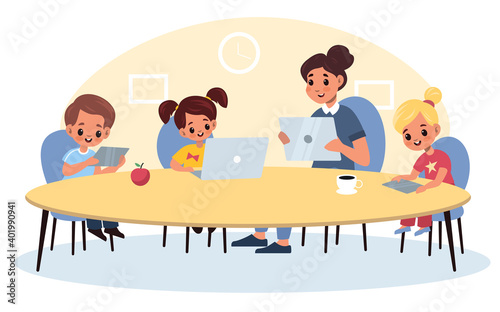 Modern electronic teaching. Kids and teacher use modern devices in classroom, children lesson with tablets and laptops, study subject with computers new education. Vector flat concept