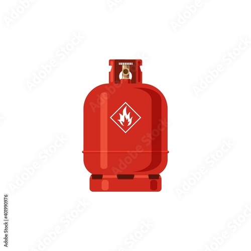 Gas cylinder. Red Lpg propane container with fire icon, tank with industrial liquefied compressed high pressure oxygen, canister fuel storage. Vector flat single isolated object