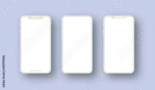 Set of modern realistic clay mockup smartphone with white screen. Template for presentation of UI design interface or infographic. Vector