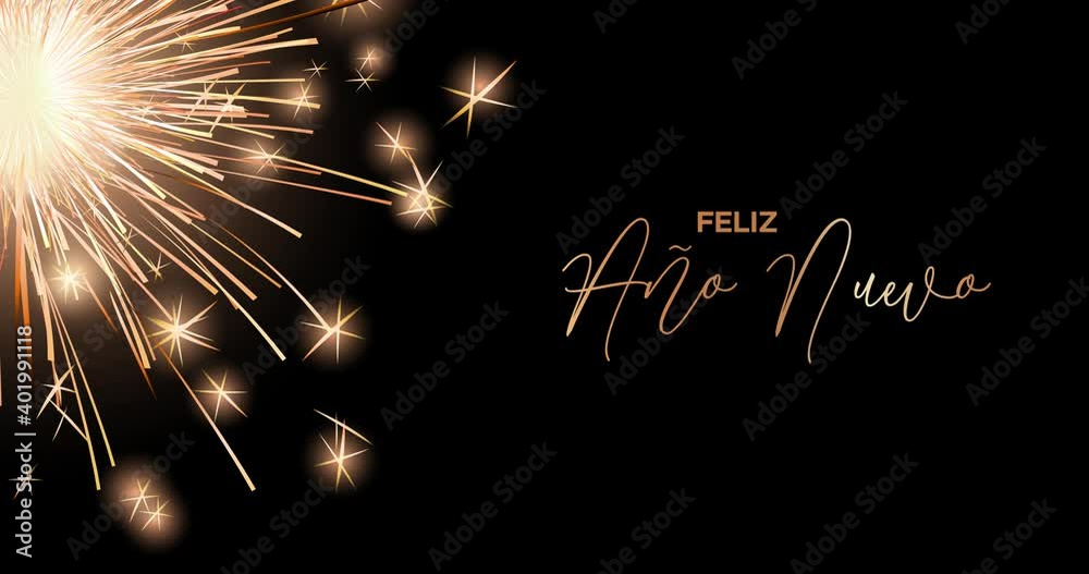 Happy New Year celebration card with bengal light for mailing, web invitation, greeting cards… animation made in 4K vector design. Gold card frame and Spanish text : Feliz Año Nuevo