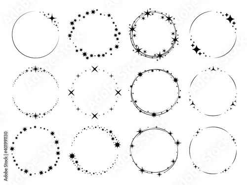 Stardust sparks frames. Silhouette stars circular patterns, magic holiday party decor, round glitter effect particles with copy space, wedding or christmas templates vector isolated set