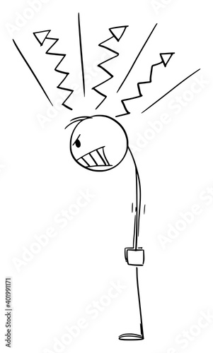 Vector cartoon stick figure illustration of angry raging man or businessman looking at something.