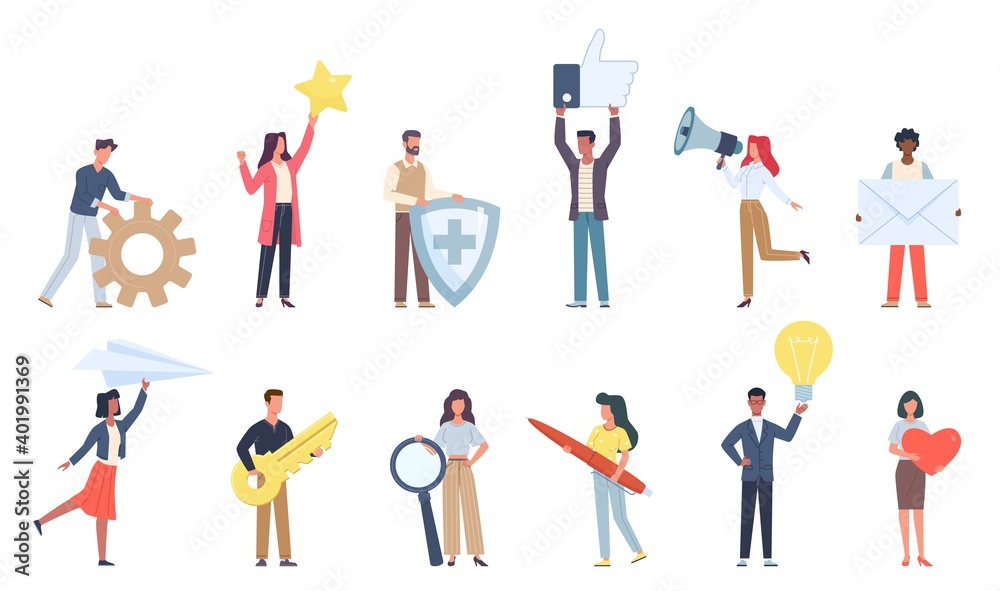 Tiny people with social media icons. Small characters with big signs objects, little men and women hold online apps symbols, messages and ideas, likes and feedback vector isolated set