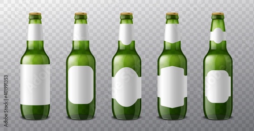 Beer bottle labels. 3d realistic green glass bottles with different blank label options templates, alcohol drink pack mockup. Product advertising template, vector isolated set