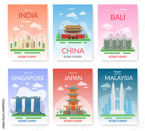 Asia travel. Exotic tour beautiful landmarks, historical city buildings. Tourist excursion postcards, discover southeast journey countries, east architecture posters. Vector card set