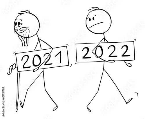 Vector cartoon stick figure illustration of old man year 2021 is leaving, new year 2022 is incoming.