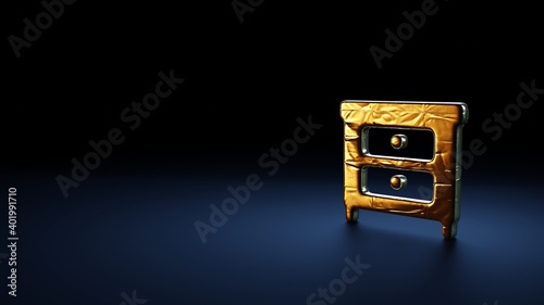 3d rendering symbol of nightstand wrapped in gold foil on dark blue background