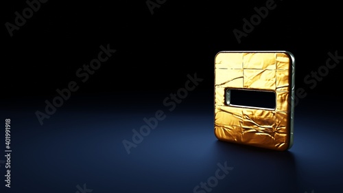 3d rendering symbol of minus square wrapped in gold foil on dark blue background
