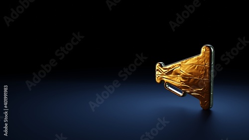 3d rendering symbol of megaphone wrapped in gold foil on dark blue background