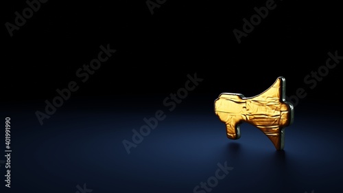 3d rendering symbol of megaphone wrapped in gold foil on dark blue background