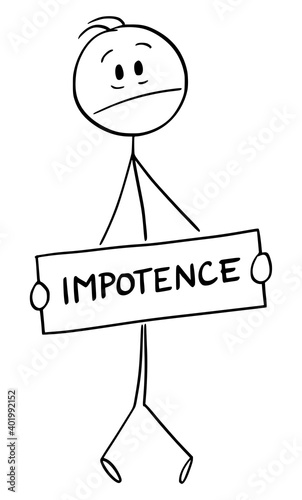 Vector cartoon stick figure illustration of frustrated stressed man holding impotence sign covering his genital or crotch.