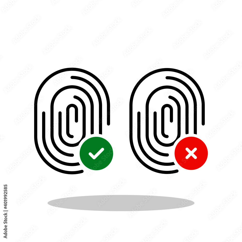 Fingerprint with tick and cross sign icon in flat style. Accepted and Declined touch ID symbol for your web site design, logo, app, UI Vector EPS 10. Fingerprint with tick and cross sign icon in flat style. Accepted and Declined touch ID symbol for your web site design, logo, app, UI Vector EPS 10.