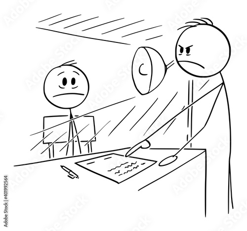 Vector cartoon stick figure illustration of man sitting in interrogating room forced to sign contact or confession.