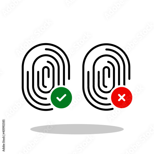 Fingerprint with tick and cross sign icon in flat style. Accepted and Declined touch ID symbol for your web site design, logo, app, UI Vector EPS 10.