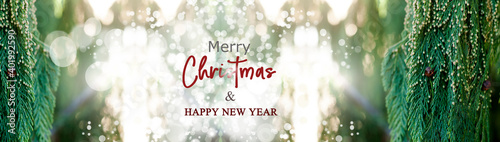 Merry christmas and a happy new year. Against the background of the Christmas tree. Christmas greeting card banner © amdre100