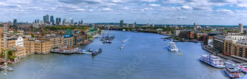 A Panorama view of London, UK eastward along the River Thames towards Canary Wharf from the Tower Bridge