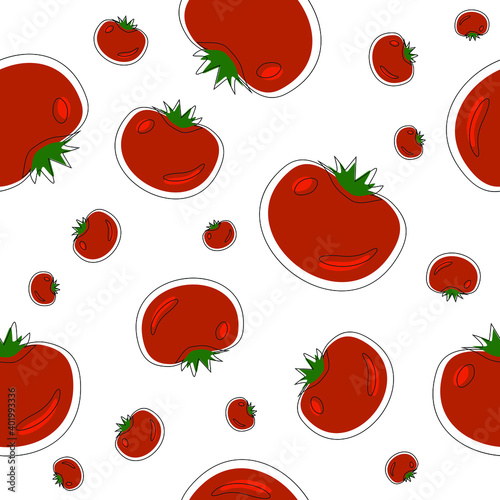 Ripe red scattered tomatoes seamless pattern on white. Simple and flat hand drawn design. Suits for wrapping, packaging, boxing. Great as background, banner or fabric.
