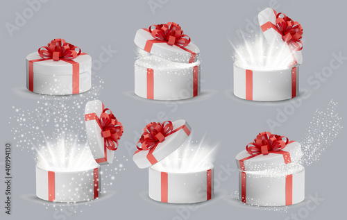 Collection Gift white box in a red ribbon and bow on top. Opened Holiday round box with sparkles inside and bright rays of light. Celebration decoration objects. Vector illustration