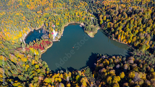 A drone view of the lake and green nature which is fascinating. As additional information, the name of this lake is Karagol and it is located in Artvin/Turkey