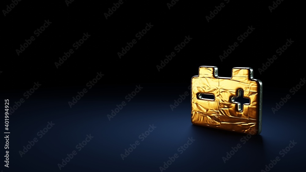 Obraz premium 3d rendering symbol of car battery wrapped in gold foil on dark blue background