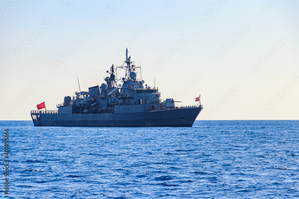 Turkish navy warship sailing in the Mediterranean sea. Protection of water borders of Turkey Turkish navy warship sailing in the Mediterranean sea. Protection of water borders of Turkey