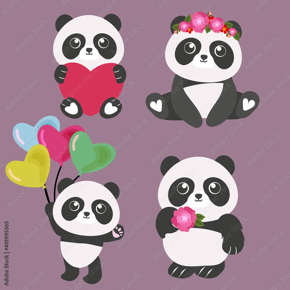 valentine cute panda cartoon set