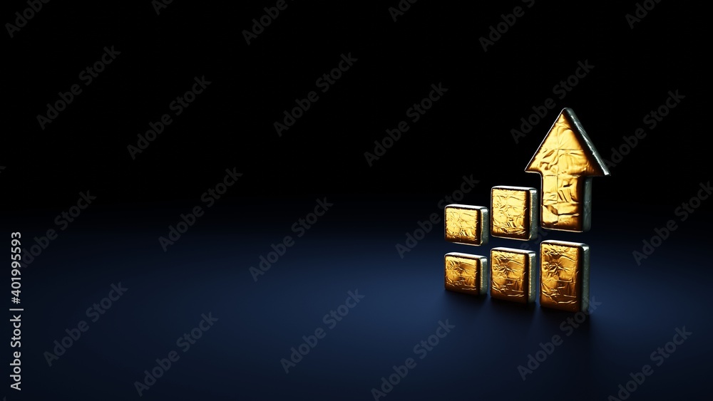 3d rendering symbol of bar chart wrapped in gold foil on dark blue background 3d rendering symbol of bar chart wrapped in gold foil on dark blue background