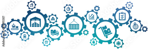logistics and supply chain vector illustration. Concept with icons related to import / export, cargo and freight, warehouse management, shipping, distribution and delivery.