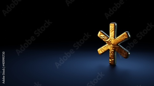 3d rendering symbol of asterisk wrapped in gold foil on dark blue background