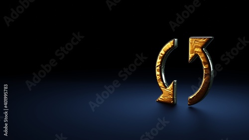 3d rendering symbol of double refresh arrow wrapped in gold foil on dark blue background