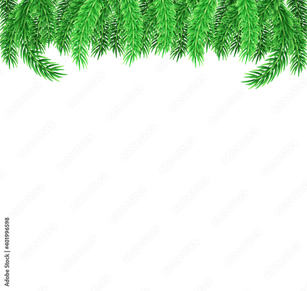 Fir tree branches top of the illustration. Green color. Decorative element for Merry Christmas design. Stock vector illustration on white isolated background. Fir tree branches top of the illustration. Green color. Decorative element for Merry Christmas design. Stock vector illustration on white isolated background.