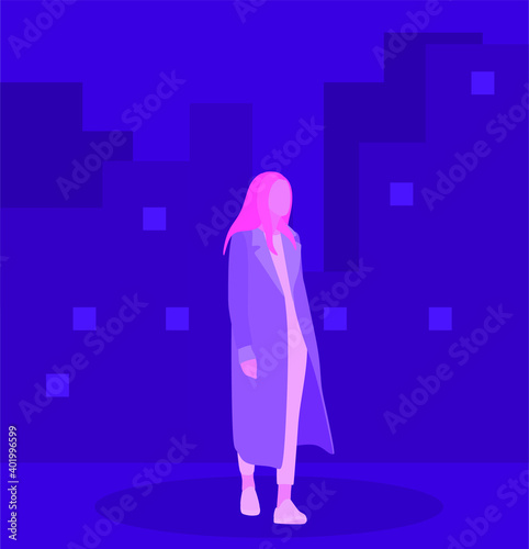 The girl walks through the evening city. Vector flat illustration.