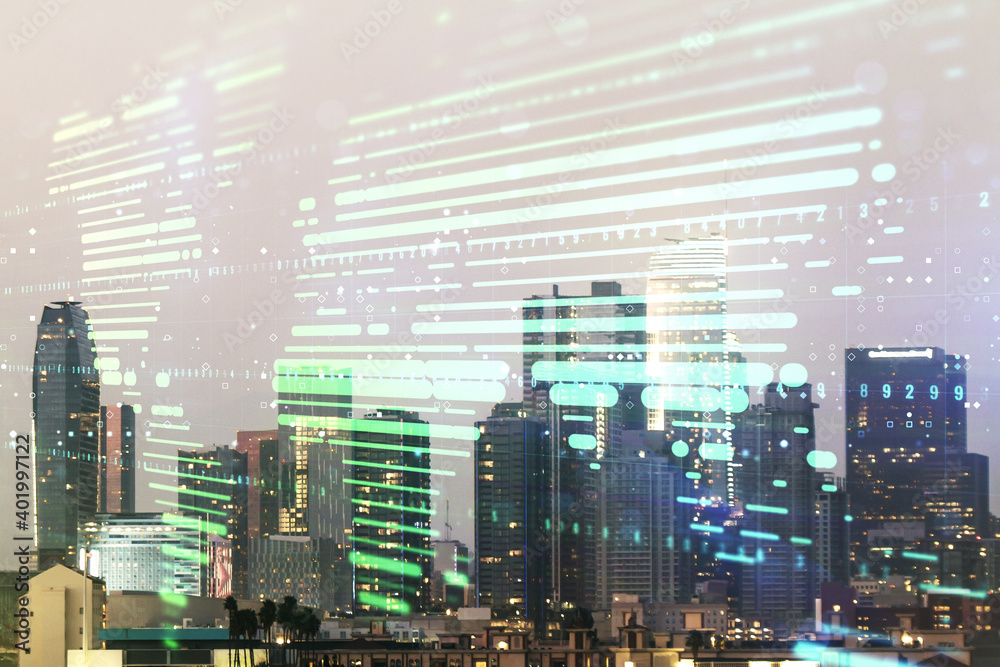 Obraz premium Multi exposure of abstract graphic world map on Los Angeles cityscape background, big data and networking concept