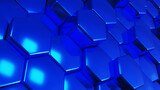 Abstract 3D geometric background, blue hexagons shapes stacks, render technology illustration.