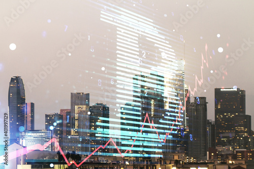 Virtual Bitcoin sketch on Los Angeles cityscape background. Double exposure