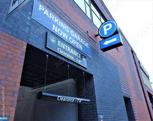 Parking Garage Entrance and Sign