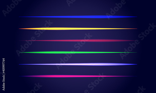  Neon brushes set. Set of colorful light objects on dark background. 