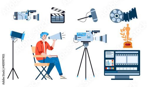 Director with loudspeaker and professional movie equipment for cinema entertainment film production - filmstrip and clapper, video cameras and light, microphone, computer. Vector
