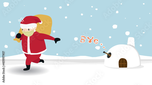 Santa Claus carrying a sack of gifts for the kids alone. With arms of reindeer extending from the snow house With a Bye-bye message.  Reindeer afraid of the coronavirus.