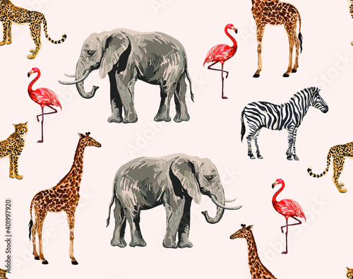 Seamless tropical vintage print with elephants, giraffes, flamingos, zebras. Jungle animal wallpaper. © Hanna Kh