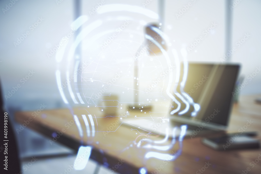 Creative artificial Intelligence concept with human head hologram on modern laptop background. Multiexposure