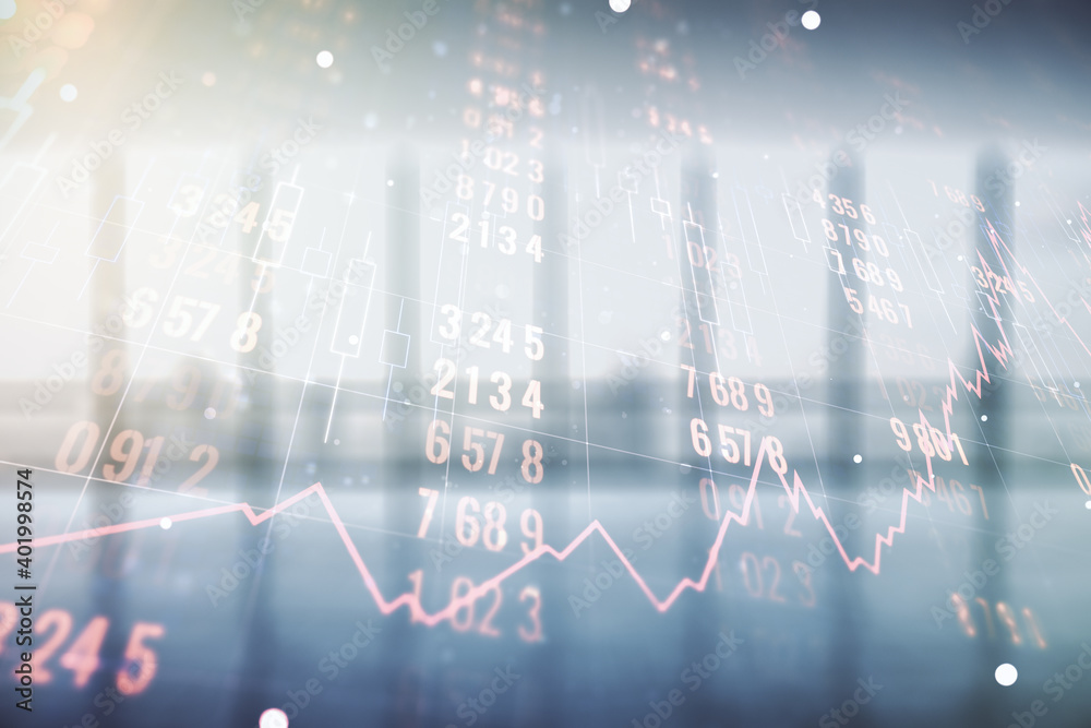 Obraz premium Multi exposure of stats data illustration on empty corporate office background, computing and analytics concept