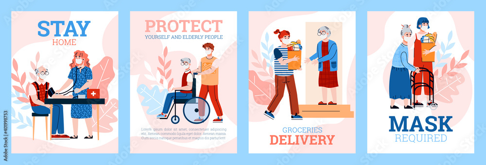 Fototapeta premium Onboarding pages set for volunteer program of elderly people support during quarantine with masked volunteers taking care of older people, cartoon vector illustration.