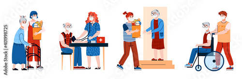 Banner with set of volunteers or social services helping to elderly people in pandemic quarantine period, flat cartoon vector illustration isolated on white background.