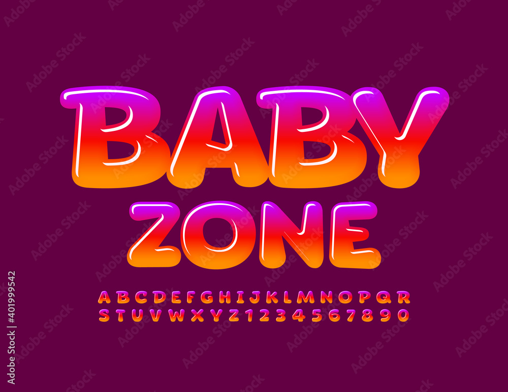 Vector bright logo Baby Zone. Playful glossy Font. Gradient color Alphabet Letters and Numbers set