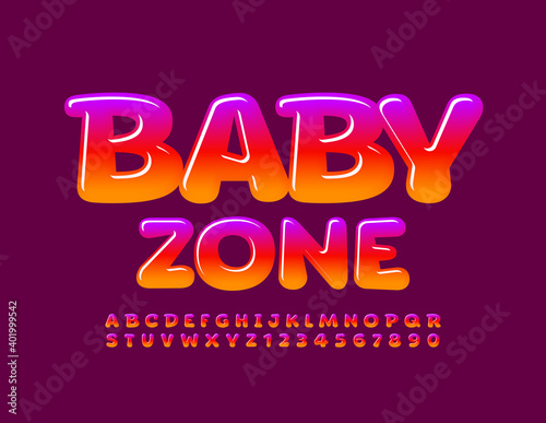 Vector bright logo Baby Zone. Playful glossy Font. Gradient color Alphabet Letters and Numbers set