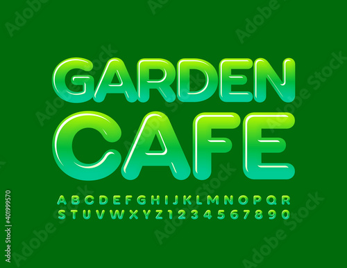 Vector green banner Garden Cafe. Glossy creative Font. Bright trendy Alphabet Letters and Numbers set